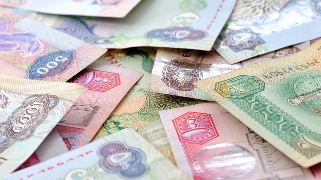 A pile of AED notes in various denominations 