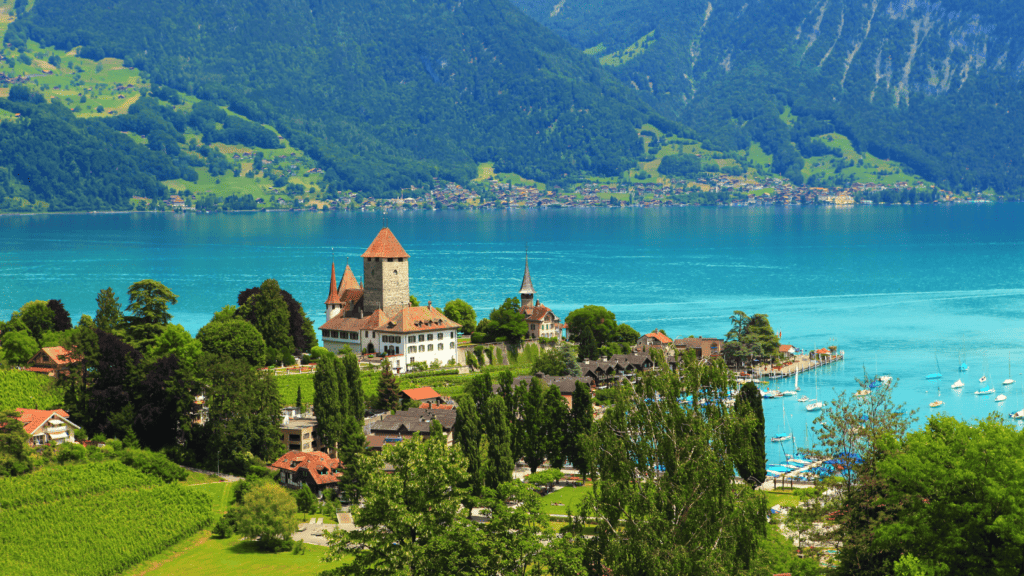 Sun over Lake Thun in Switzerland