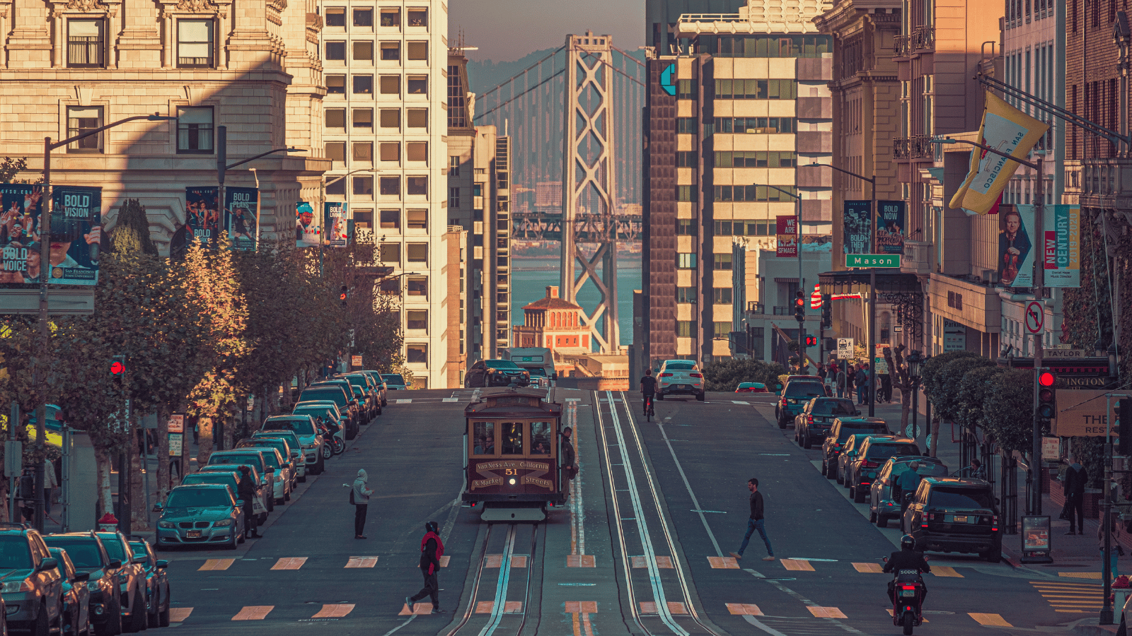 Tram on a street in San Francisco.