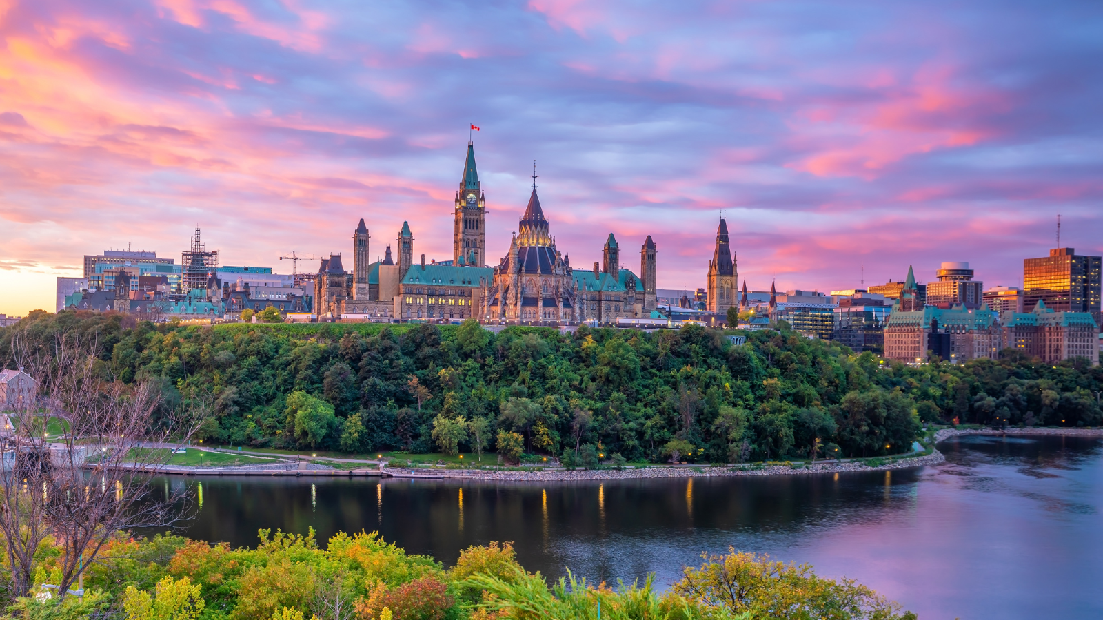 Parliament Hill in Ottawa, Canada, at sunset.