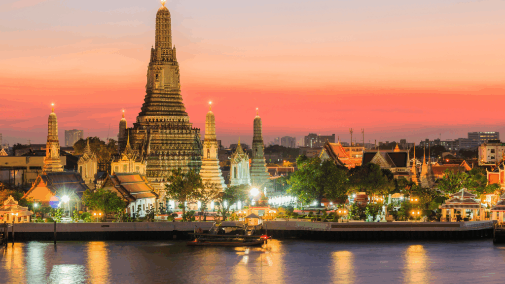 Wat Arun temple and surrounding buildings in Bangkok.