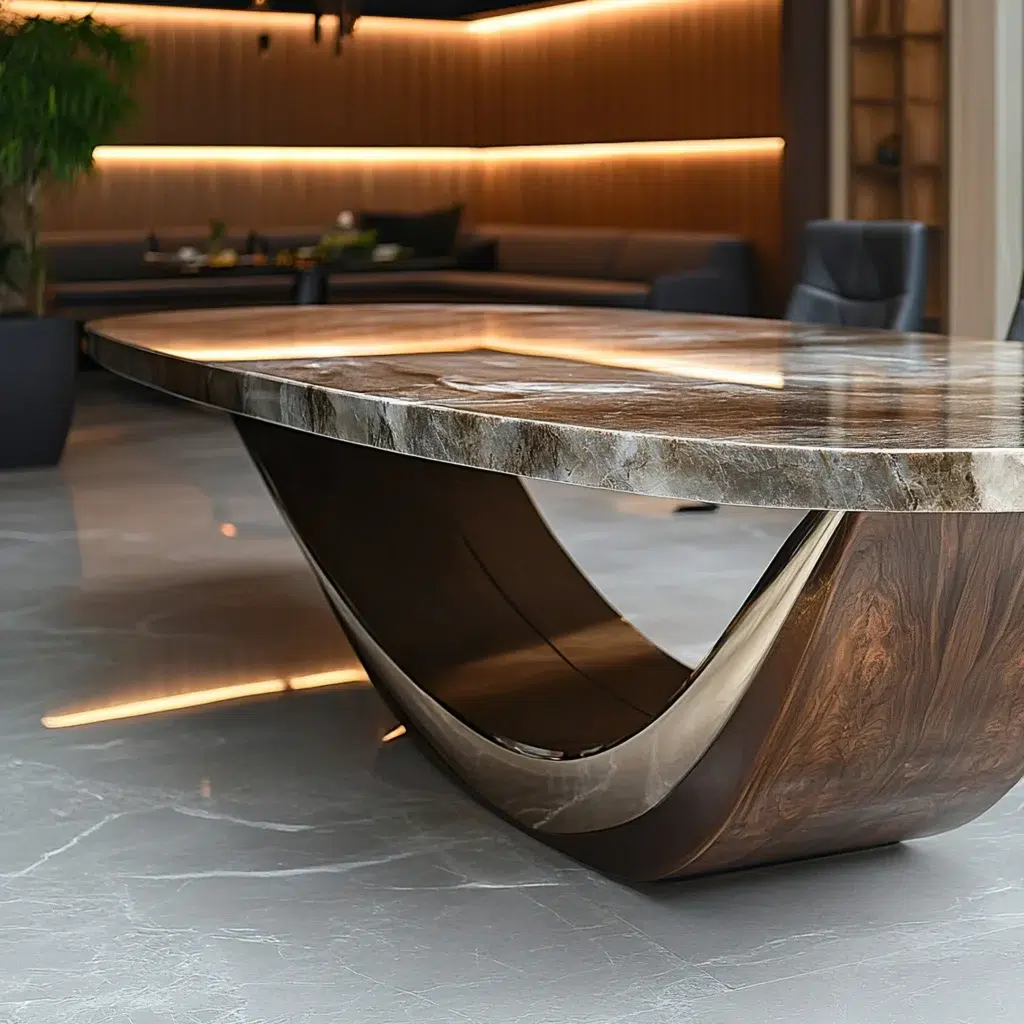 A high value office desk that has a marble top made by a designer